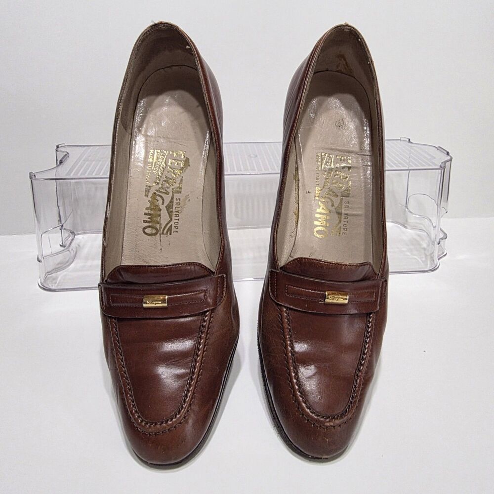 Salvatore Ferragamo Brown Leather Pumps Heels Women 8B Made Italy Comfort Chic